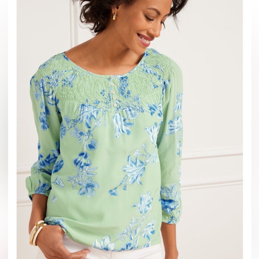 Talbots Tonal Blossoms Smocked Blouse Mint Green Blue Floral 3/4 Sleeve Women L